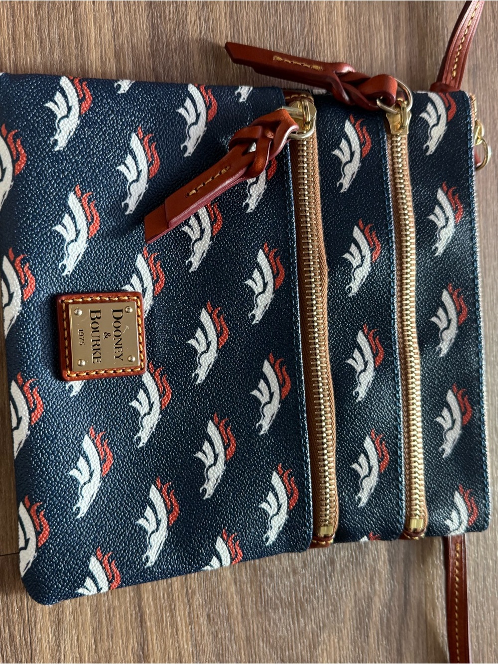 Dooney & Bourke Navy Signature Print Triple Zip Crossbody with Brown Trim
